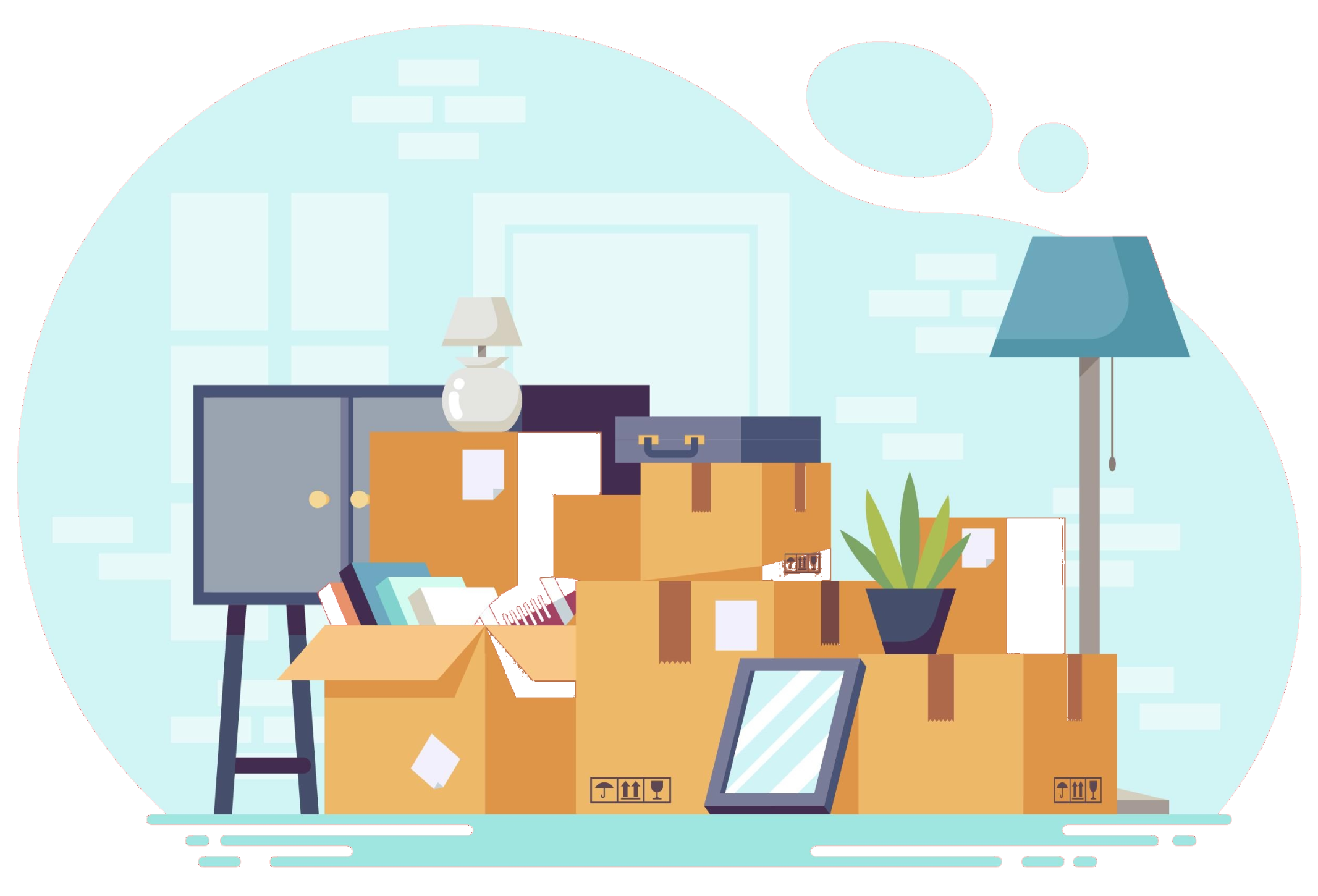 Animated household object packed up in boxes to move to a storage unit